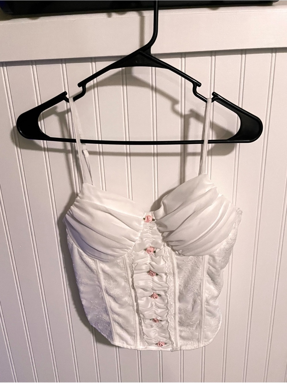 Madden Girl White Lace Bustier Tank with Pink Rosette Trim
